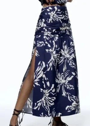 Zara Blue and White Floral A-Line Skirt | Navy & White Floral Midi Skirt 💙 thumbnail 1