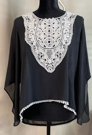 Umgee Women Medium Blouse Black Crochet Lace Bib Cape Sleeve High Low Whimsigoth thumbnail 1