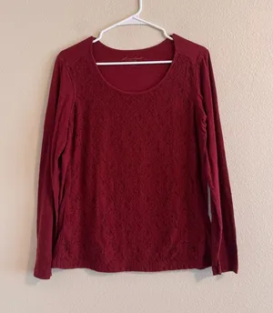 Eddie Bauer Lace-Front Long Sleeve Scoop Neck Top - Wine thumbnail 1