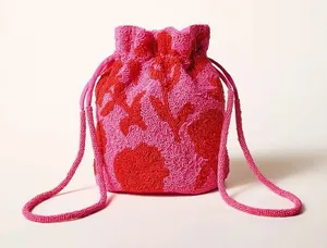 NWT Kate Spade x Target Beaded Floral Bucket‎ Bag Pink/Red Drawstring thumbnail 1