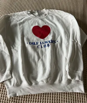 Gildan White Crewneck Sweatshirt with Red Heart and Navy Text thumbnail 1