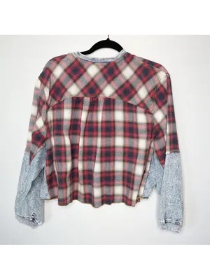 Prómesa plaid denim patchwork quarter zip collared pullover top S thumbnail 11