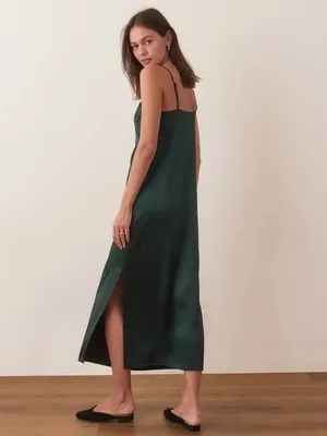 Marine Layer Dark Green Evergreen Satin Slip Midi Dress M thumbnail 3