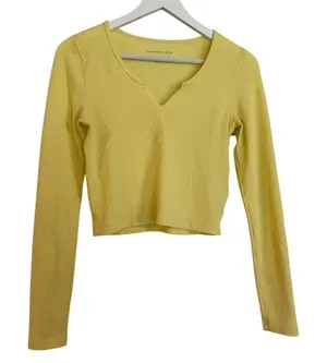 American Eagle butter yellow waffles cropped Henley top small thumbnail 1