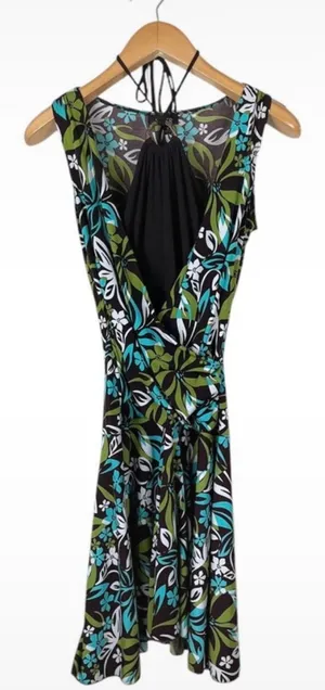 Vintage Y2K A. Byer Womens Size Medium Drop Waist Brown Teal Floral Halter Dress thumbnail 1