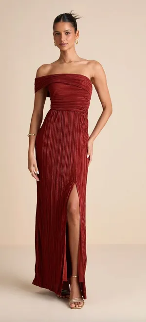 Lulus Poised Performance Rust Red Plisse One-Shoulder Maxi Dress Formal S NWT thumbnail 1