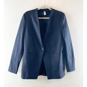 Spanx Perfect Collarless Single Button Blazer Jacket Pinstripe Navy Blue Small thumbnail 3