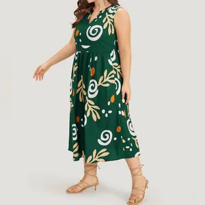 Scroll Graphic Print Notched Pocket Sleeveless Dress-Green-Large/Size 12 thumbnail 3