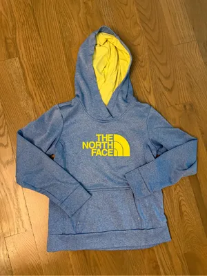 The North Face Blue Hoodie with Yellow Logo & Lining thumbnail 1