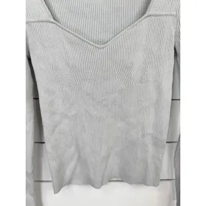 Open Edit Womens Size S Light Grey Ribbed Square V-Neck Fitted Long Sleeve Top thumbnail 4