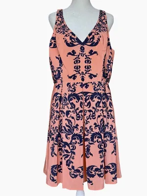 Amanda Uprichard Pink Coral and‎ Navy 100% Silk Floral Mini Dress Sz L thumbnail 2