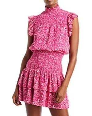 gold and fuchsia, print, smock, ruffle, mini dress thumbnail 1