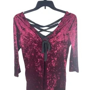 A Byer 90s Y2K Burgundy Crushed Velvet Black Tie Up Back V-neck Dress L Holiday thumbnail 5