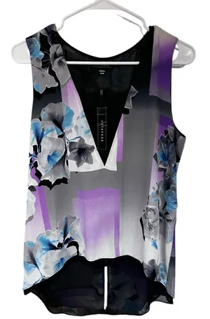 NWT Metaphor Sleeveless Floral V-Neck Top in Black, Purple & Blue thumbnail 1