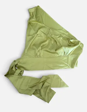 CIDER‎ Women Lime Green Satin One Shoulder Tie Hem Crop Top Large thumbnail 1