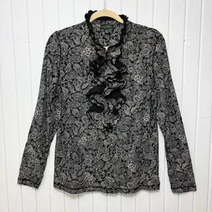 Ralph Lauren Black White Paisley‎ Ruffle Front Long Sleeve Cotton Blouse Size XL thumbnail 4