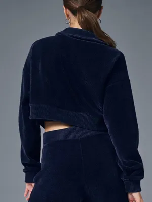 Alo Cropped Cozy Day Henley Pullover Navy V-Neck Velvet Velour Chevron Sweater S thumbnail 2