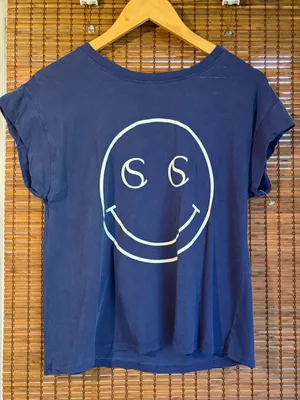 Anthropologie Self Contrast Smiley Face Graphic Tee Navy Blue Small Cap Sleeve thumbnail 2