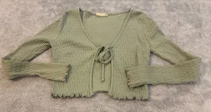 Altar’d State Brand Sage Ribbed Tie-Front Women’s Crop Cardigan Size X-Small thumbnail 1