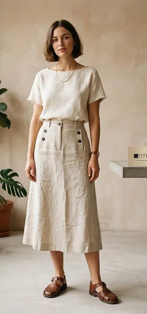 Vintage‎ 90s Carole Little Linen Maxi Skirt Sailor Button A-Line Natural Sz 16 thumbnail 1