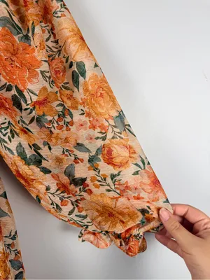 Storia Estelle babydoll maxi dress in orange tan shimmer floral size XS thumbnail 4