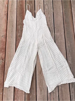 Reset by Jane Ivory Black Polka Dot Cotton blend jumpsuit Strappy Wide Leg Lined thumbnail 3