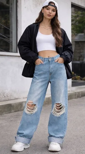 UO BDG‎ Skater Baggy Jeans Women’s 27 high waisted distressed medium wash NEW thumbnail 1