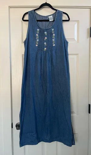 Vintage 90s Erika & Co. Embroidered Floral Denim Sleeveless Dress Size L thumbnail 1