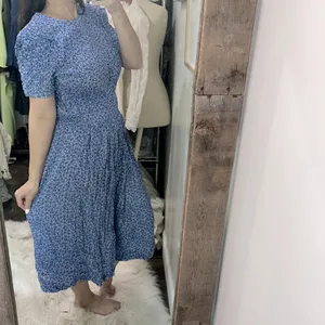 Karin Stevens vintage Blue Floral Midi Dress size 14 smocked waist thumbnail 3