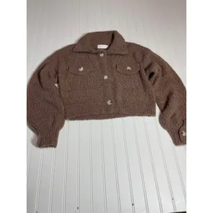 Mable Brown Fuzzy Boucle Cropped Sweater Jacket Teddy Shacket Small thumbnail 2