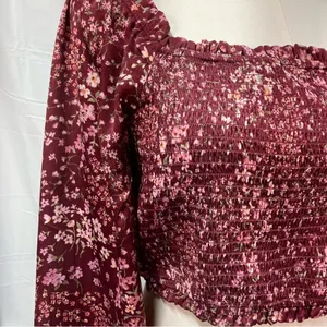 Altar’d State Vaella Smocked Floral Top in Burgundy Long Sleeve‎ Cropped medium thumbnail 3