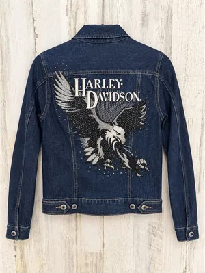 Harley-Davidson Women’s XS Denim Jacket Eagle Rhinestone Embroidered Moto thumbnail 2