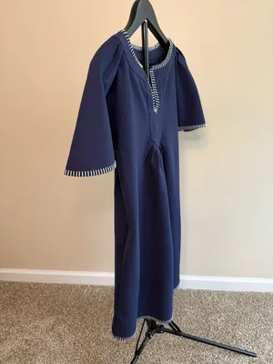 Beaulane Navy Blue Split Neck Contrast Whipstitch Trim Mini Dress with Pockets-S thumbnail 3