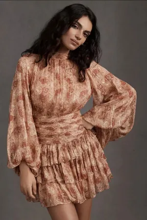 Anthropologie Ella Dress Sz 14 Floral Mini Tiered Ruffle Balloon Sleeve Gold thumbnail 1