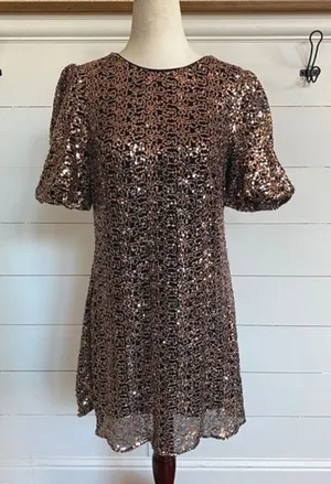 Eliza J Womens Bronze Black Sequin Puff Sleeve Shift Mini Dress‎ Size 10 thumbnail 1