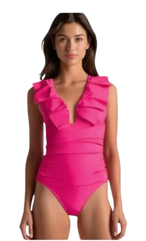 J. Crew Ruched Ruffle One Piece Swimsuit Pink NWT‎ Size 2 Colorful Bright Girly thumbnail 1