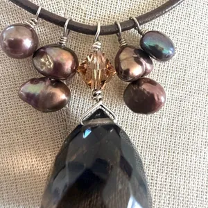 Handcrafted Sterling Silver Smoky Quartz & Peacock Pearl Leather Cord Necklace thumbnail 3