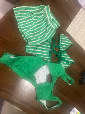 SHEIN Green Textured One-Piece & Striped Bikini Set thumbnail 3