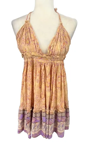 R Vivimos Halter V Neck Mini‎ Ruffle Dress Sz Medium Yellow Floral Boho Festival thumbnail 1