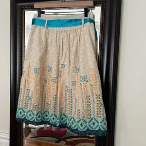Mint Green Boho Eyelet A-Line Pleated Midi Skirt Teal Yellow Small thumbnail 5
