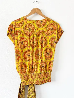 Anthropologie Maeve Yellow Multicolor Boho Wrap Tie Resortwear V-Neck Blouse Top thumbnail 9