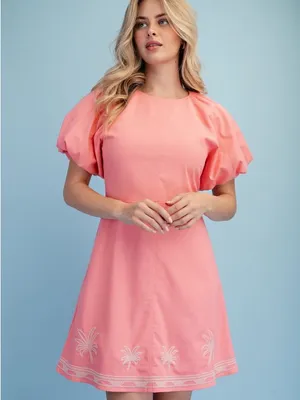 GIGIO Palm Tree Embroidered Linen Mini Dress Bubble Sleeve L thumbnail 2
