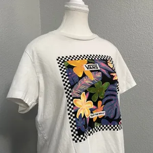 Vans White Tee Floral Leaf Checkered Graphic Print Short Sleeve Shirt thumbnail 2