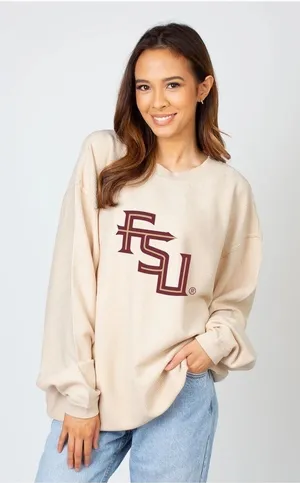 College Corner FSU Women’s Crewneck Chicka-D Natural Small Oversized NEW thumbnail 1