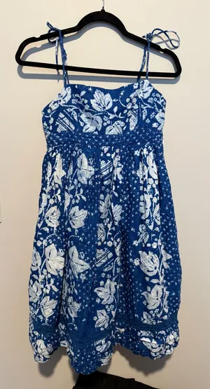 Gap Blue White Floral Tie Shoulder Mini Dress Lace Trim Sun Dress Womens 4 thumbnail 1