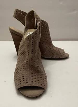 Vince Camuto Kellija Taupe Suede Perforated Peep Toe Block Heel Booties Size 7.5 thumbnail 1