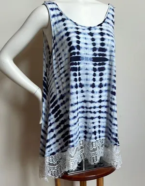 Tie dye Blue and White Relaxed Fit Tank Top with Asymmetrical lace Hem thumbnail 1
