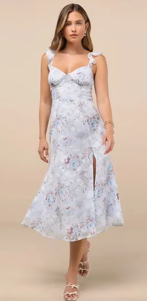 Lulus Delightful Direction Blue Floral Ruffled Tie-Strap Midi Dress Small NWT thumbnail 1