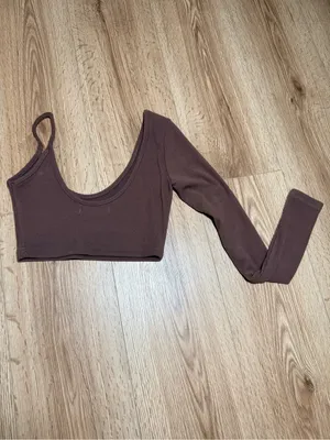 White Fox One Shoulder Long Sleeve Ribbed Crop Top Mocha Brown Womens XS thumbnail 3