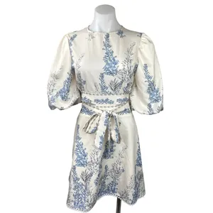Shein White Plants Print Cut Out Tie Back Lantern Sleeve Boho A Line Dress Sz S thumbnail 4